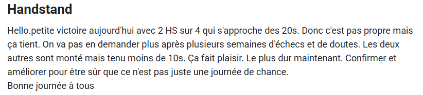 Capture d’un retour sur une progression en handstand.