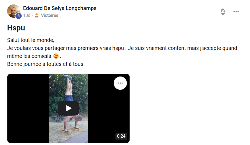 Capture d’un partage d’Édouard à propos de ses premiers HSPU.