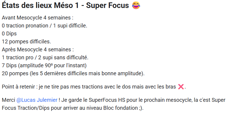Bilan Super Focus après quatre semaines montrant la progression en tractions, dips et pompes.