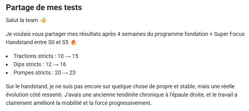 Capture d’un partage de tests après quatre semaines de programme.