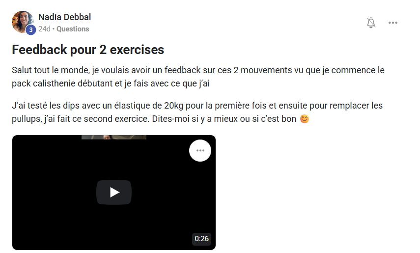 Question de Nadia demandant un feedback sur deux exercices de callisthénie.