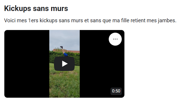 Partage d’un membre de la communauté célébrant ses premiers kickups sans mur.